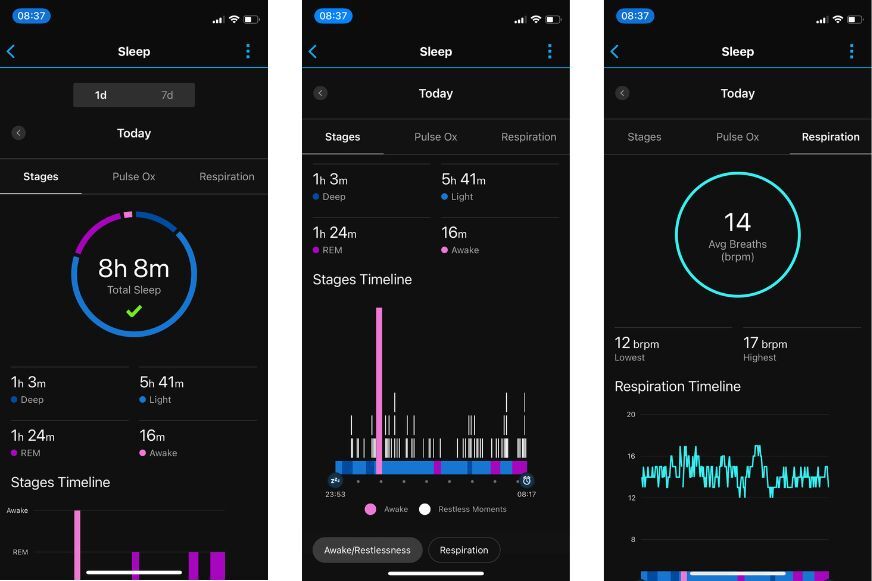 Man sieht den aufgezeichneten Schlaf der Fenix 7 in der Garmin Connect App.